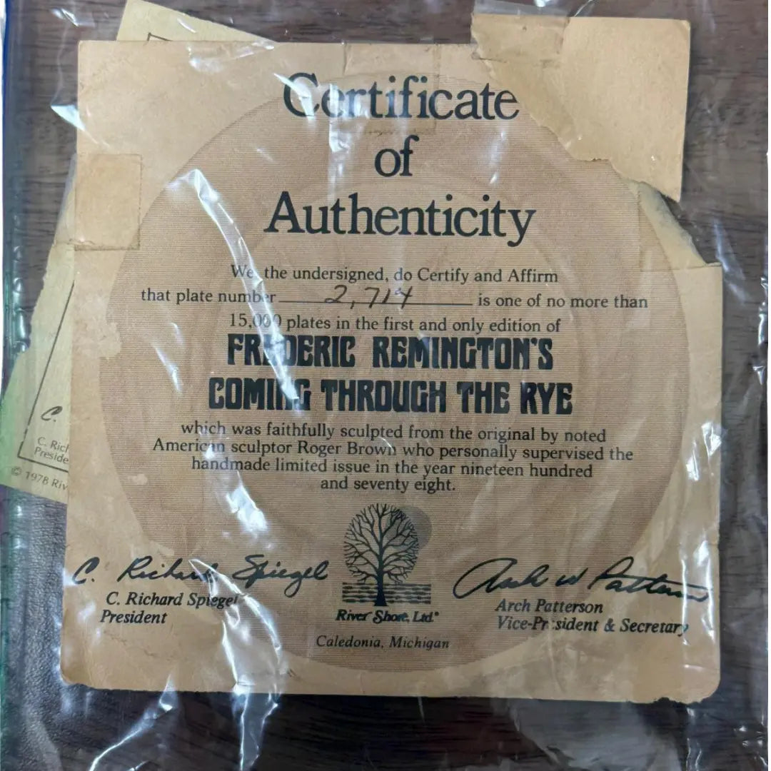 River Shore Ltd. limited edition bronze collector's plate featuring the "Coming through the Rye" sculpture by Frederic Remington. Coin Hub