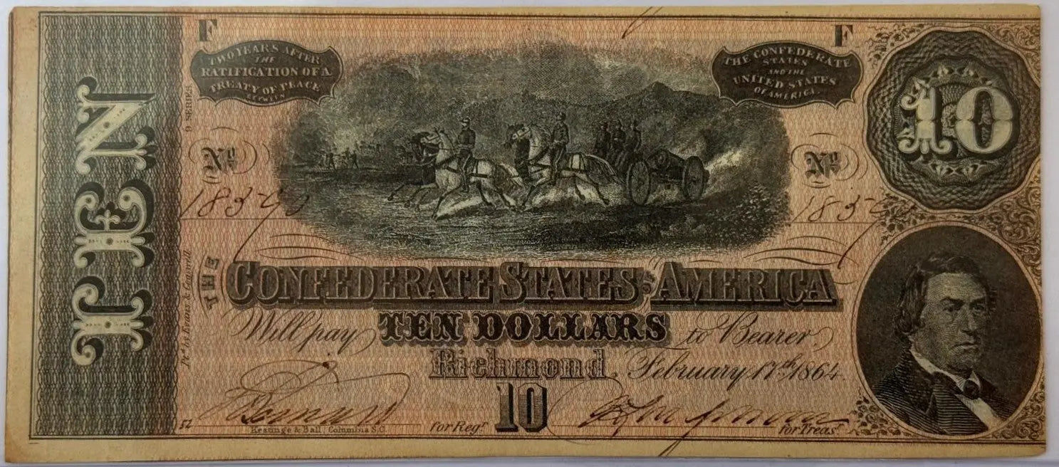 Set Of 2 1864 Confederate States of America $10 Notes – Consecutive Serial Numbers | Civil War Currency Heritage Pastime
