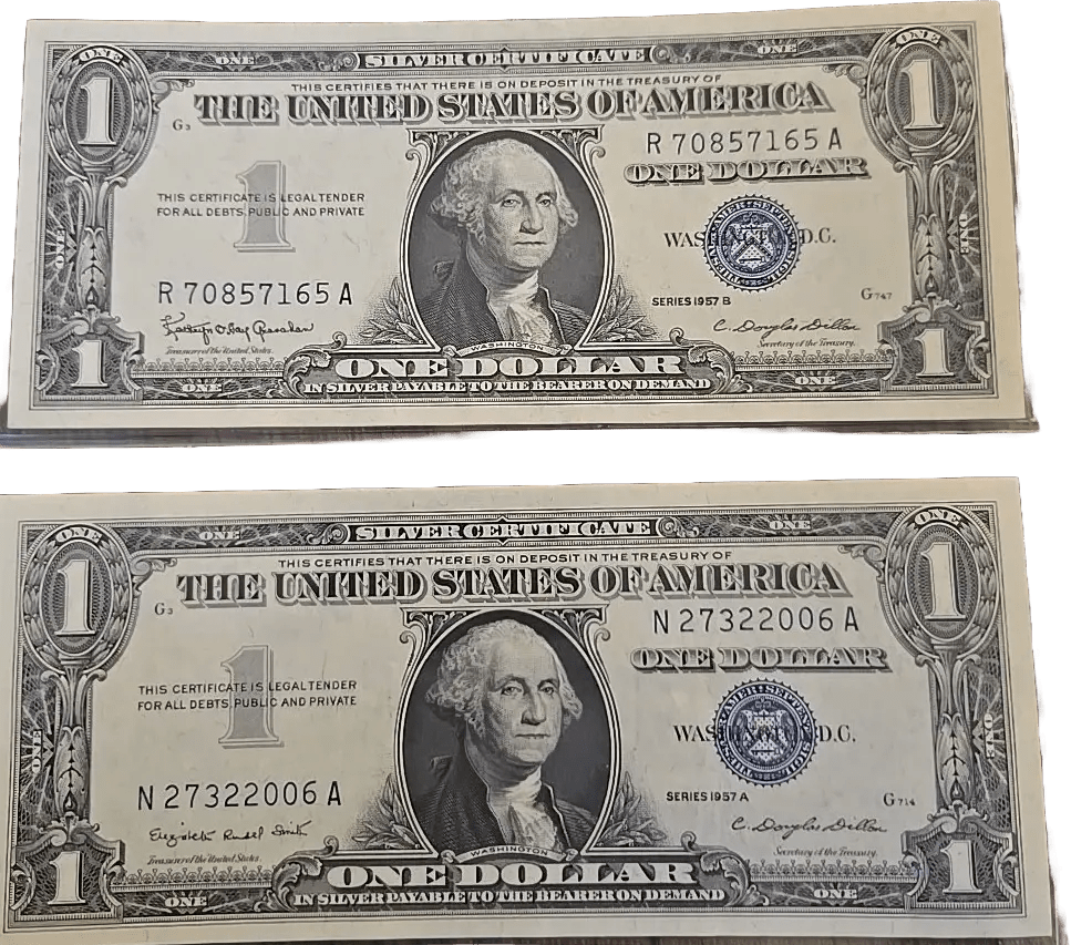 Set Of Two 1957 A And 1957 B Silver Certificate. 1 Uncirculated 1 About Uncirculated Heritage Pastime