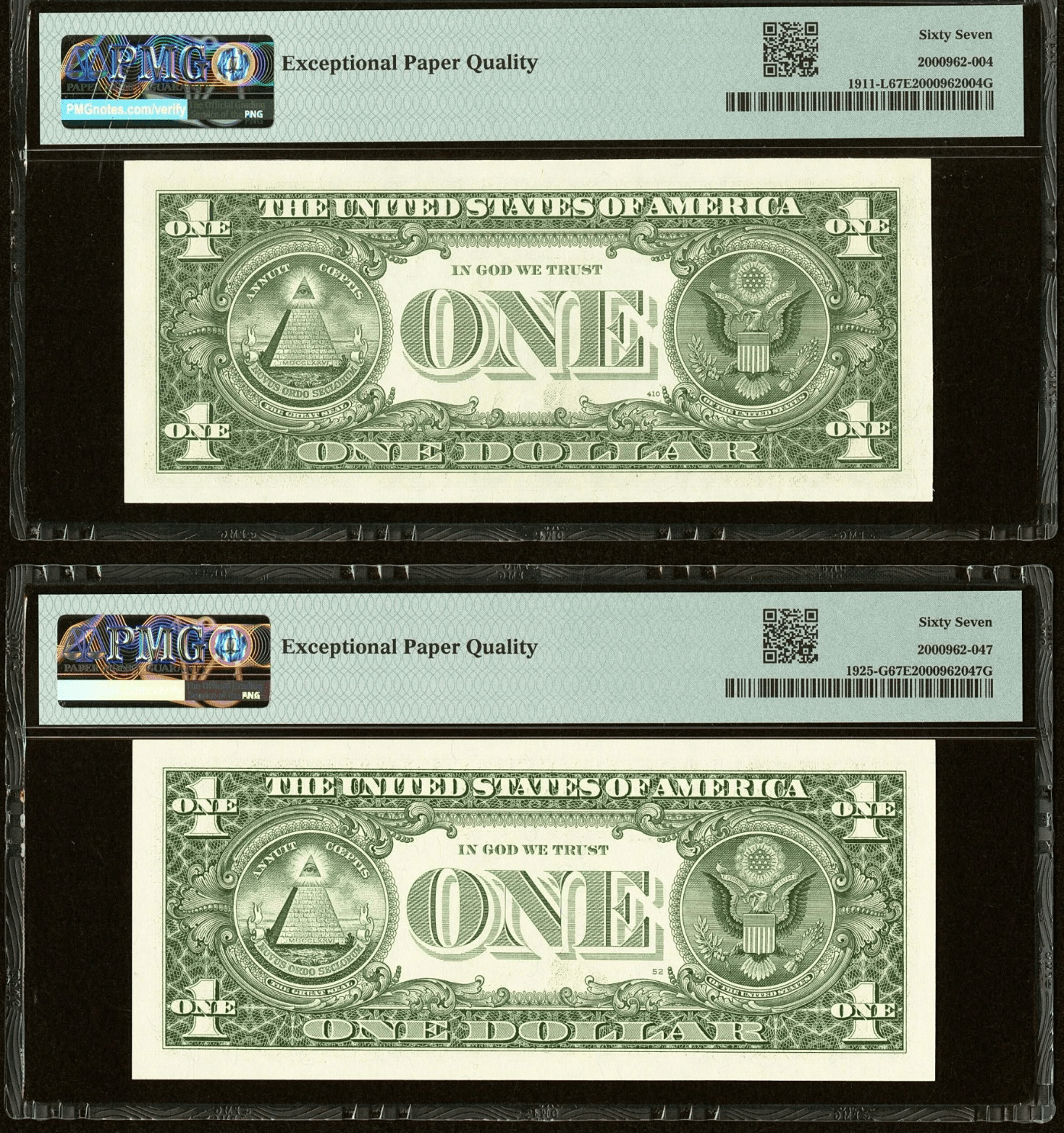 PMG graded $1 Radar serial number notes set with George Washington portrait and pyramid reverse