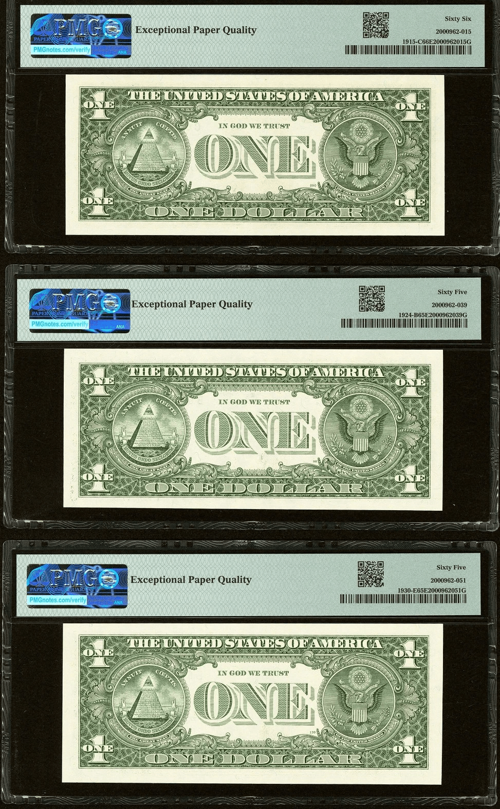 Five-piece matching $1 Radar serial note collection in PMG 65 to 67 grades