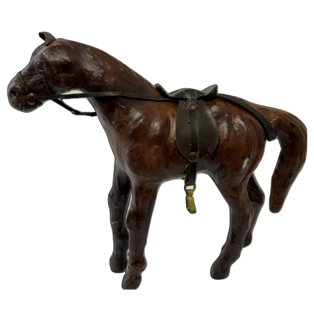 Vintage Leather-Wrapped Horse Figurine with a saddle and bridle. Coin Hub