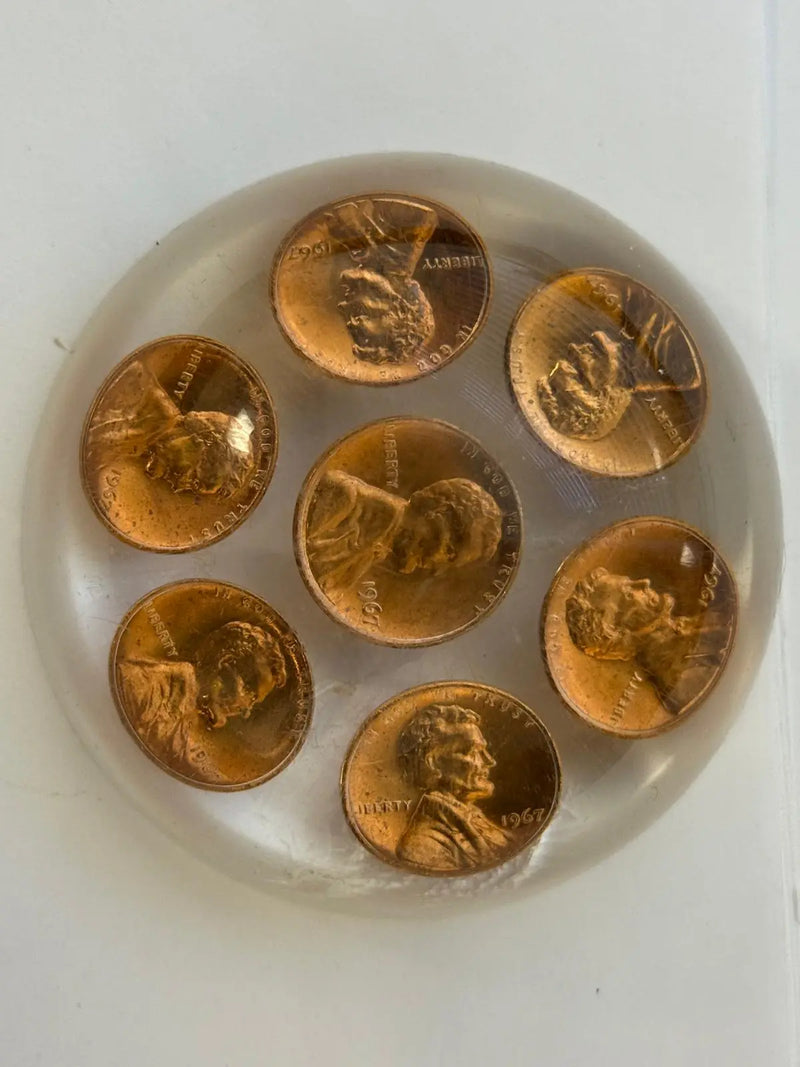 Vintage Lucite Acrylic Paperweight with Embedded Lincoln Memorial Pennies (1957–1967 Era) Heritage Pastime