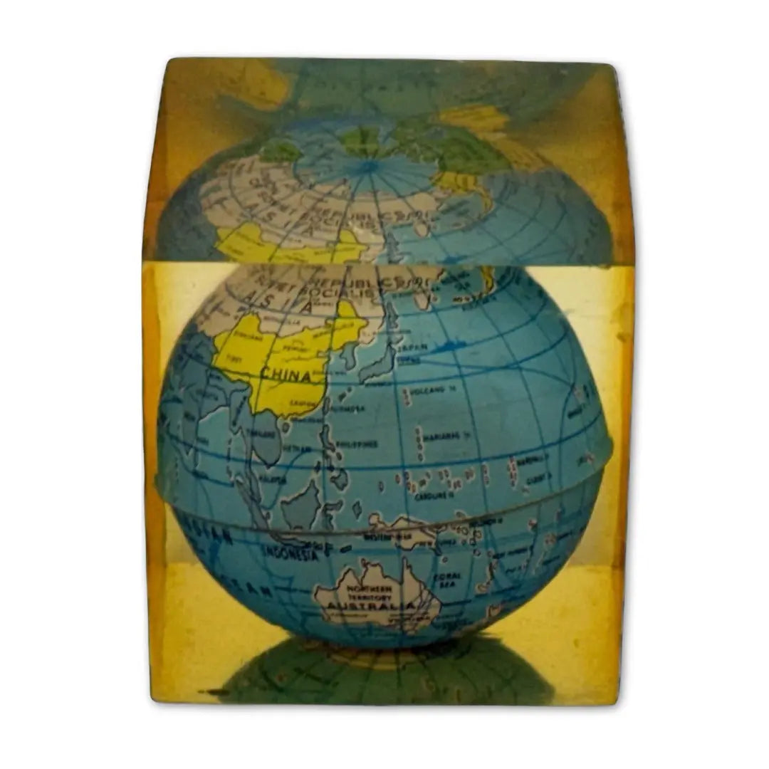 Vintage Lucite globe paperweight cube Coin Hub