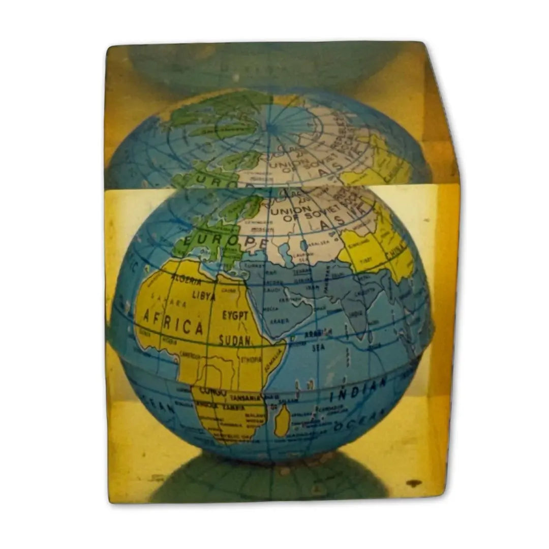 Vintage Lucite globe paperweight cube Coin Hub
