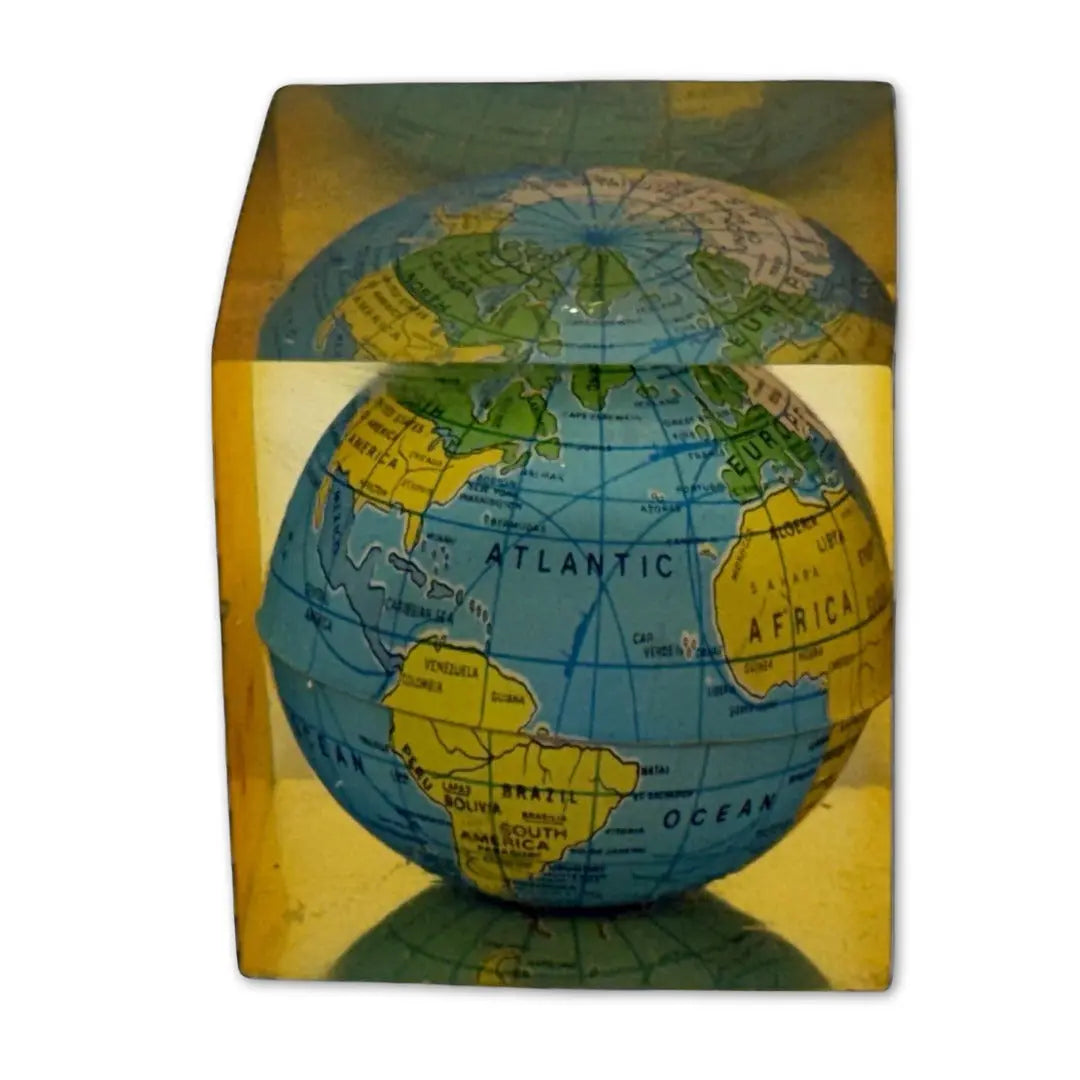 Vintage Lucite globe paperweight cube Coin Hub