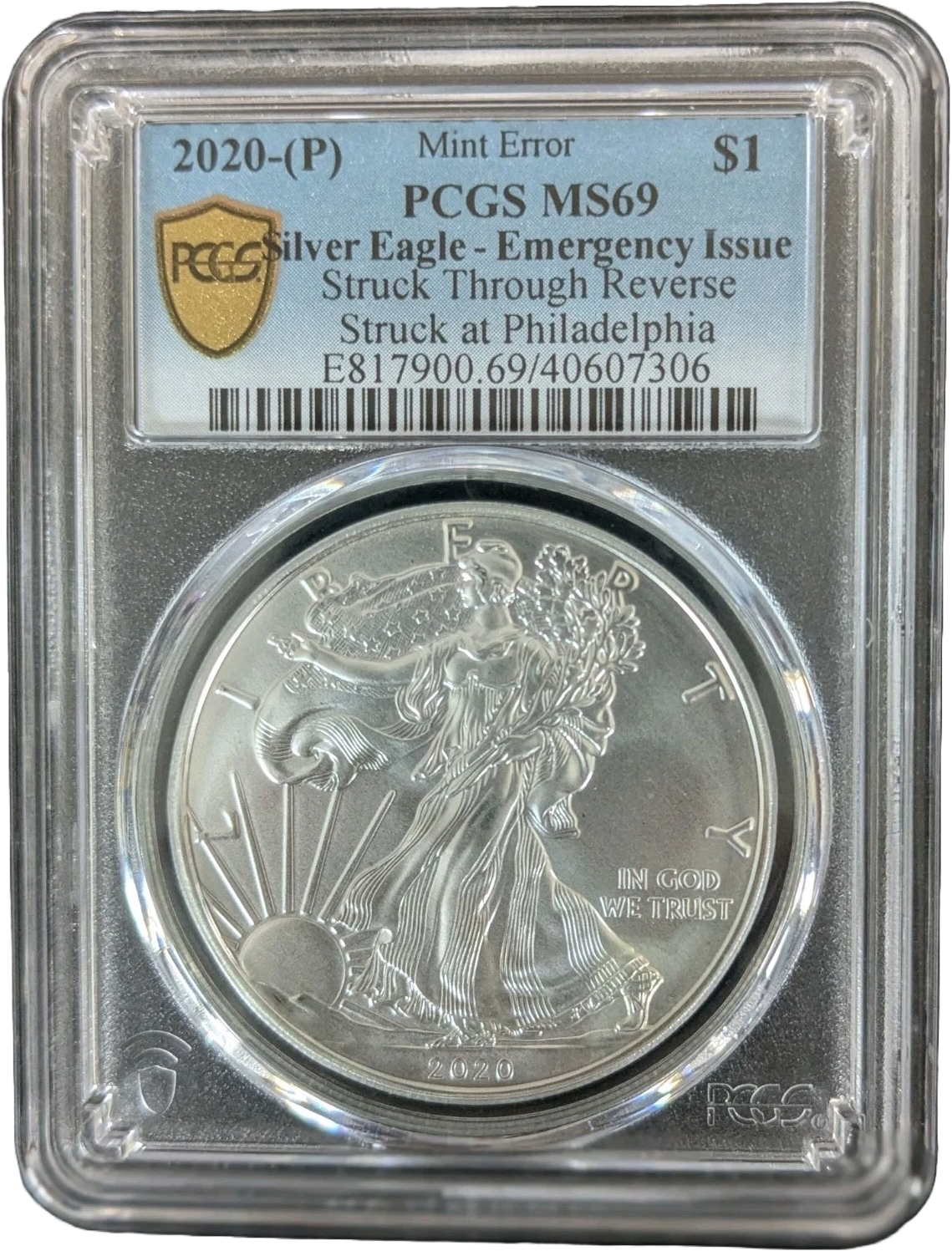 Mint Error 2020 (P) American Eagle MS69 PCGS Struck Thru Rev Emergency Issue