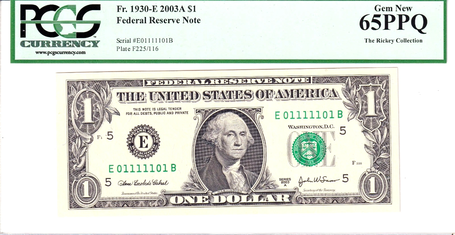 2003-A $1 FRN PCGS Gem New 65PPQ Fancy TRUE 0/1 BINARY Serial #E01111101B