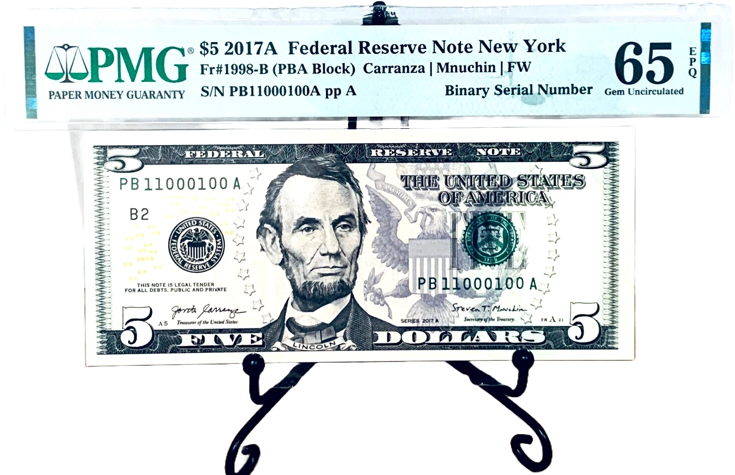 Superb Crisp 2107-A $5 FRN PMG 65EPQ Fancy TRUE 0/1 BINARY Serial #PB11000100A