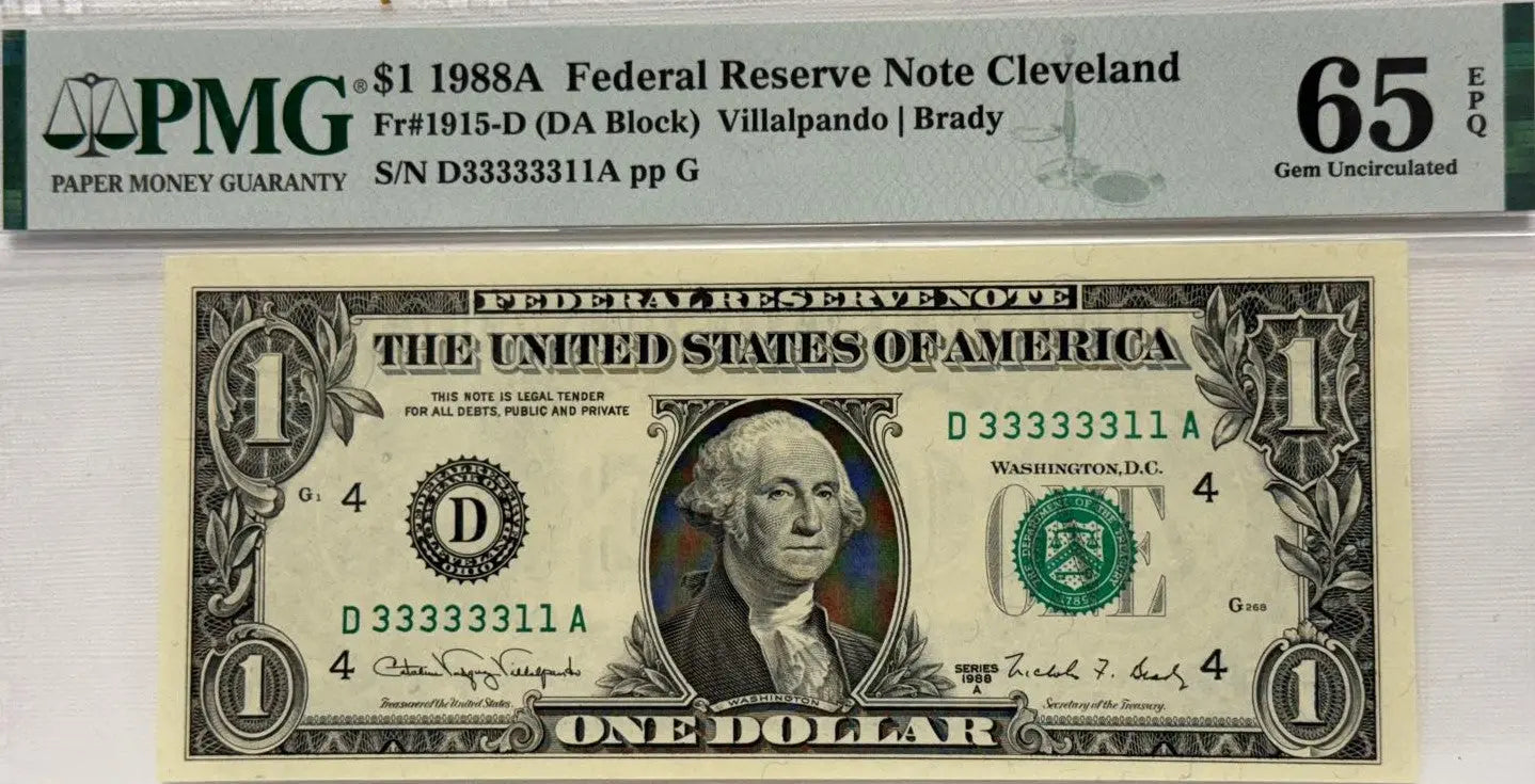 $1 1988A FRN Cleveland FR#1915-D (DA Block) Villalpando Brady S# D 33333311 A Coin Hub