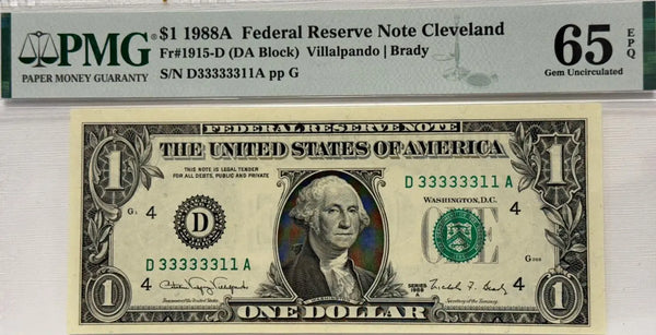 $1 1988A FRN Cleveland FR#1915-D (DA Block) Villalpando Brady S# D 33333311 A Heritage Pastime