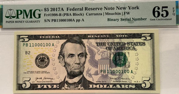 $1 2017A FRN New York FR#1988-B (DA Block) Carranza Munchin FW S# PB 11000100 A Heritage Pastime
