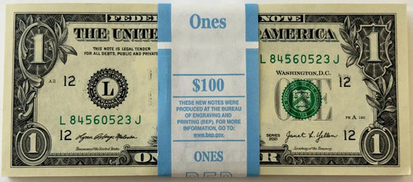 $100 Sequential Pack of 2021 (L) $1 Federal Reserve Notes – Superb Gem CU BEP Strap Bundle (100 Notes) Heritage Pastime