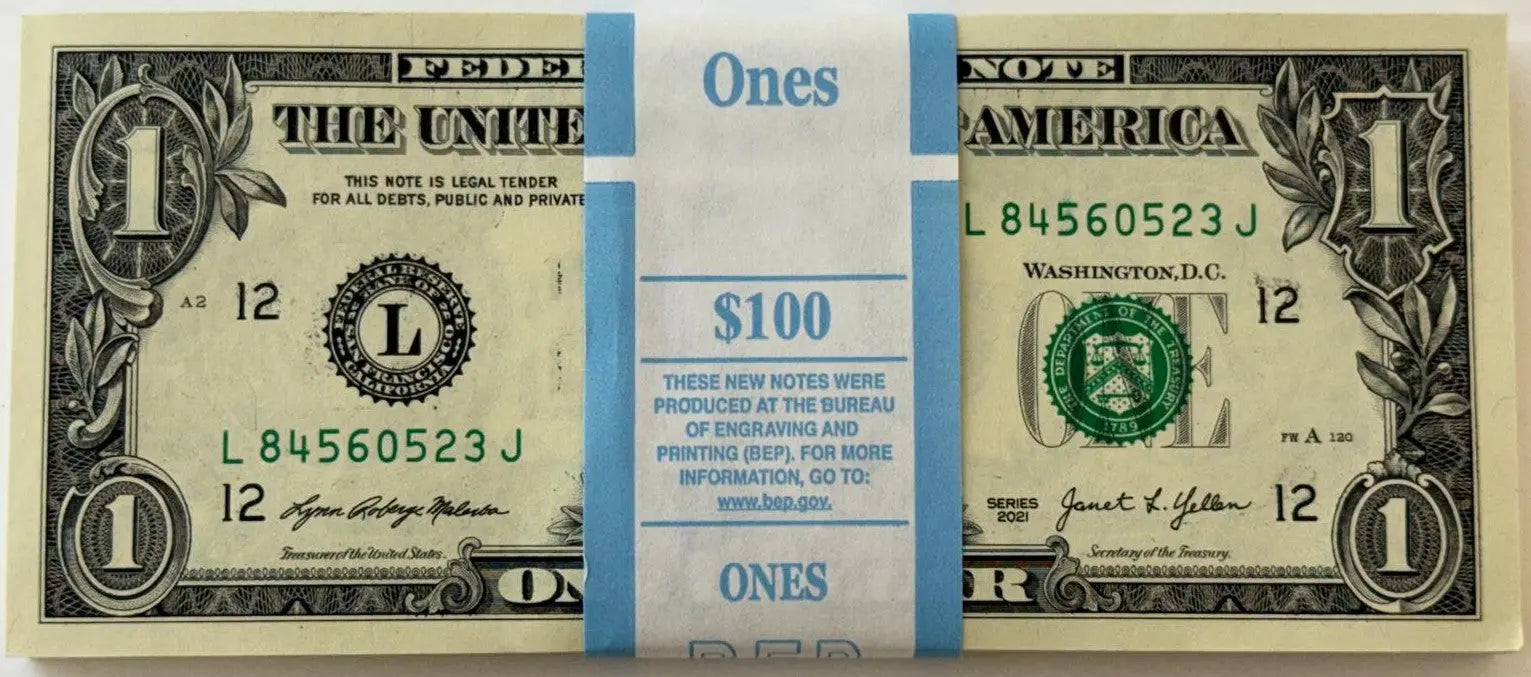 $100 Sequential Pack of 2021 (L) $1 Federal Reserve Notes – Superb Gem CU BEP Strap Bundle (100 Notes) Heritage Pastime
