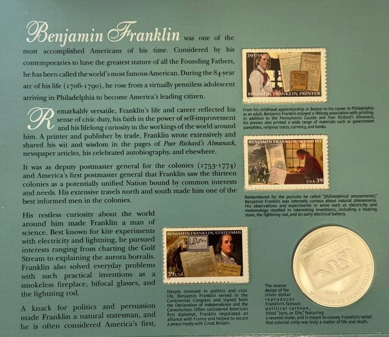 1706-2006 Benjamin Franklin Coin & Chronicles Set – 300th Anniversary Silver Dollar Heritage Pastime