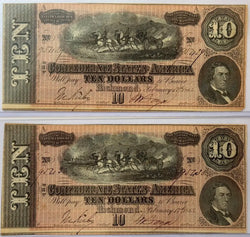 1864 أوراق نقدية بـ 10 دولارات من الولايات الكونفدرالية الأمريكية - أرقام متسلسلة متتالية | مجموعة عملات الحرب الأهلية مكونة من ورقتين