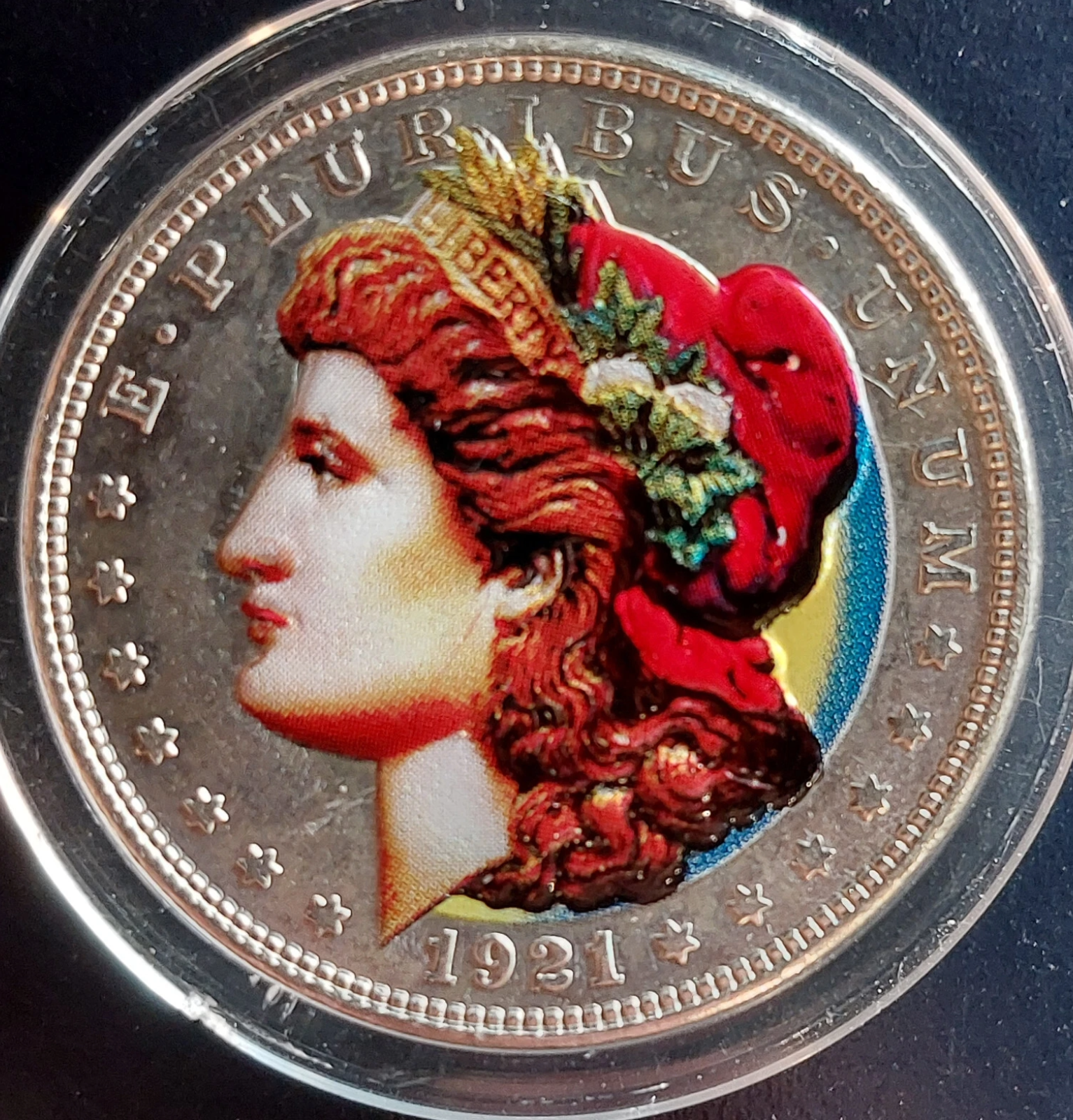 1921 MORGAN SILVER Antique $1 DOLLAR Coin COLORIZED Painted w/Airtite & Gift Box