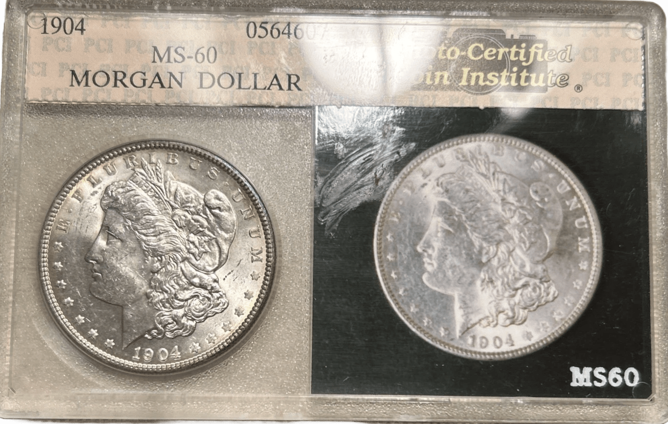 1904-P Morgan Silver Dollar obverse Liberty profile and reverse in MS-60 graded holder