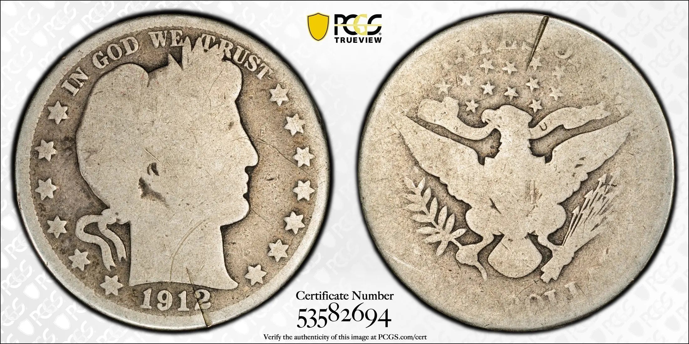 1912 Barber Half Dollar – PCGS Genuine P/FR Details (Damage) | Classic Silver Type Coin Heritage Pastime