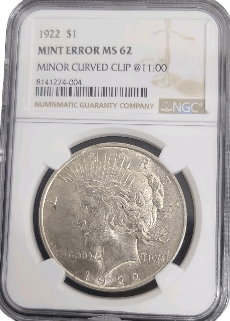 1922-P Peace Silver Dollar NGC MS62 curved clip error obverse Liberty profile