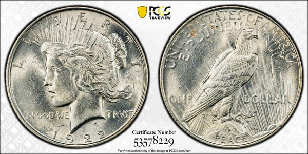 1922 Peace Silver Dollar – PCGS MS63 | Early Issue Brilliant Uncirculated | Historic U.S. 90% Silver Coin Heritage Pastime