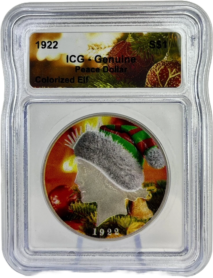 1922 U.S. Peace Silver Dollar Label ICG Genuine Colorized Elf - Christmas - 90% Silver