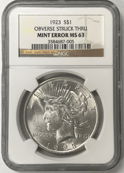 1923 دولار سلام فضي $1 وجه العملة مضروب عبر خطأ سك العملة NGC MS63