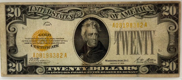 1928 $20 FR 2402 Gold Certificate. Circulated Heritage Pastime