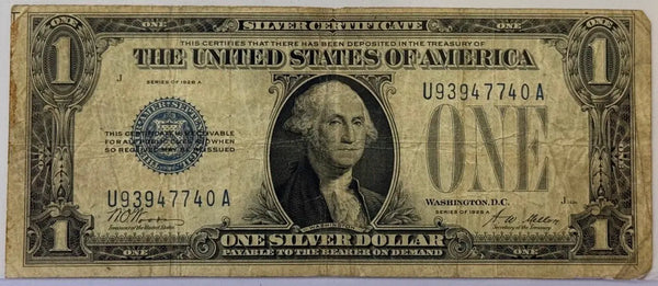 1928-A $1 Silver Certificate “Funnyback” – Blue Seal Note – Woods/Mills – Heavily Circulated Heritage Pastime