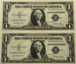 1935 E (2) $1 Fr. 1614 Silver Certificate. Consecutive Silver Certificates, UNC Rare Collectible Set