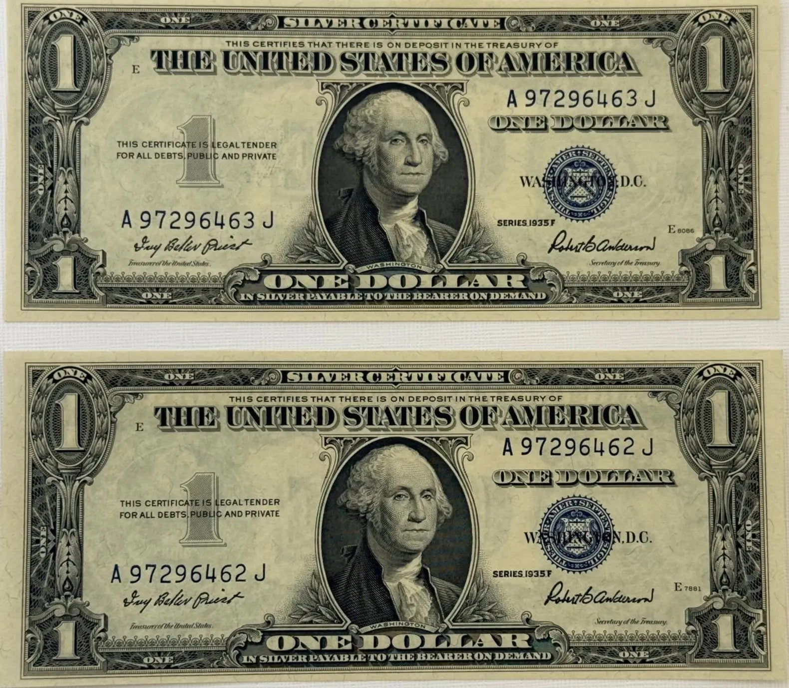 1935 F (2) $1 Fr. 1615 Silver Certificate. Consecutive Silver Certificates, UNC Coin Hub