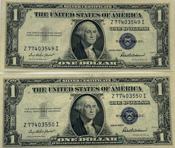 1935 F (2) $1 Fr. 1615 Silver Certificate. Consecutive Silver Certificates, UNC Heritage Pastime