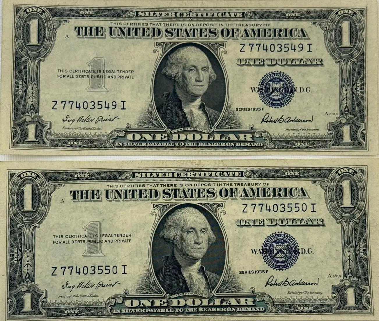 1935 F (2) $1 Fr. 1615 Silver Certificate. Consecutive Silver Certificates, UNC Heritage Pastime