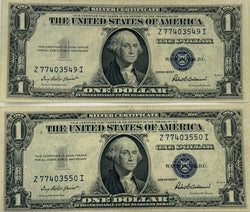 1935 F (2) $1 Fr. 1615 Silver Certificate. Consecutive Silver Certificates, UNC