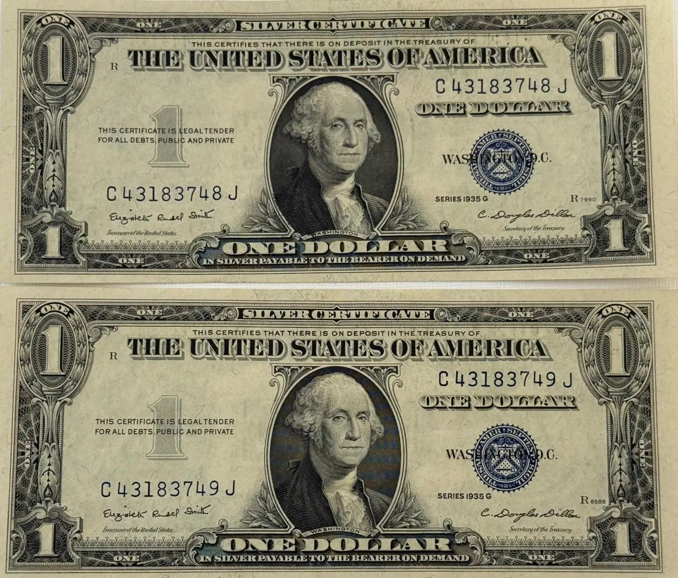 1935 G (2) $1 Fr. 1616 Silver Certificate. Consecutive Silver Certificates, UNC Heritage Pastime