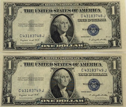 1935 G (2) $1 Fr. 1616 Silver Certificate. Consecutive Silver Certificates, UNC