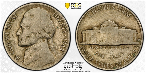 1942-D Jefferson Nickel – PCGS Genuine G Details (Scratch) – Early WWII Era Issue Heritage Pastime
