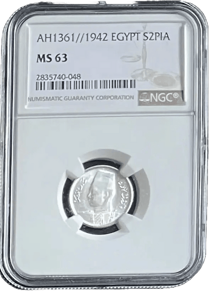 1942 Egypt Silver 2 Piastres – King Farouk of Egypt – NGC MS63 Choice Uncirculated Historic WWII-Era Coin Heritage Pastime