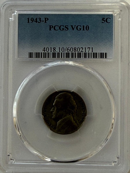 1943-P Jefferson Nickel PCGS VG10 – WWII Silver “War Nickel”