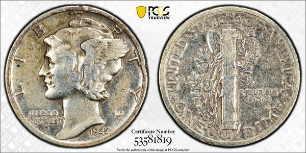 1944-S Mercury Dime 10C – PCGS Genuine VF Details (Damage) | WWII Era Silver Coin Heritage Pastime