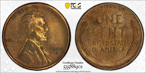1949-S Lincoln Wheat Cent – PCGS Genuine AU Details (Cleaned) | San Francisco Mint | Classic 20th Century Copper Coin Heritage Pastime