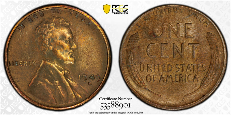 1949-S Lincoln Wheat Cent – PCGS Genuine AU Details (Cleaned) | San Francisco Mint | Classic 20th Century Copper Coin Heritage Pastime