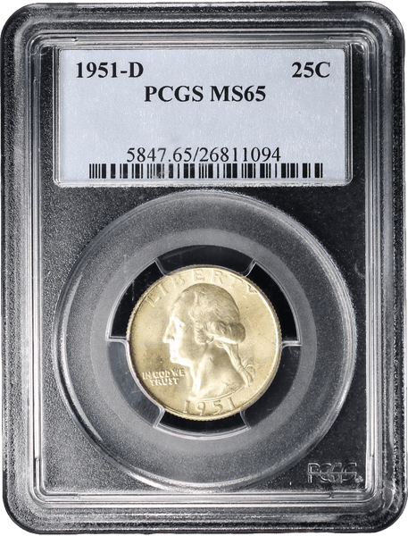 Obverse of 1951-D Washington Silver Quarter PCGS MS65 graded coin slab