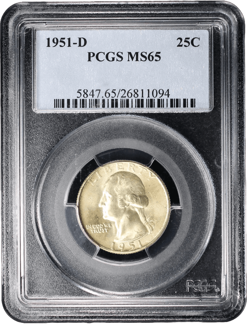 Obverse of 1951-D Washington Silver Quarter PCGS MS65 graded coin slab
