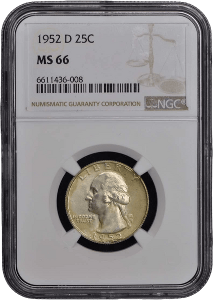 1952-D Washington Quarter NGC MS66 obverse with George Washington profile in protective slab