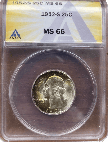1952-S Washington Quarter obverse featuring vibrant sunset toning graded MS66