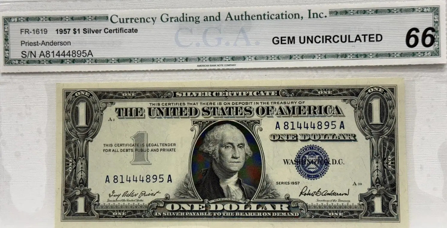 1957 $1 FR 1619 Silver Certificate S# A 81444895 A CGA-66 Coin Hub