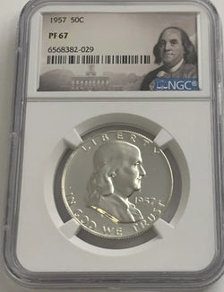 1957 Medio Dólar Franklin NGC PF67 – Prueba de Plata, Etiqueta de Retrato, 90% Plata – Moneda Excepcional