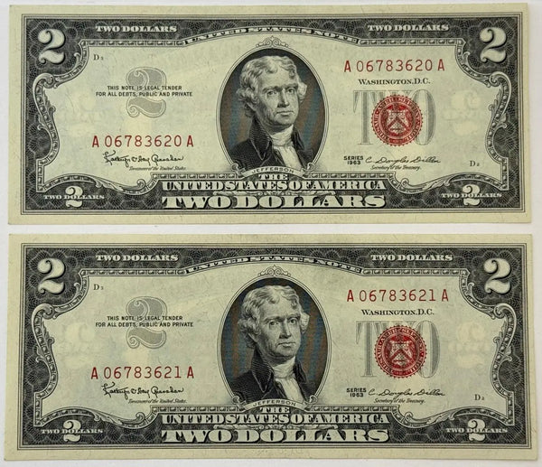 1963 $2 United States Note (Red Seal) – Consecutive Serial Numbers | Historic Legal Tender Currency Heritage Pastime