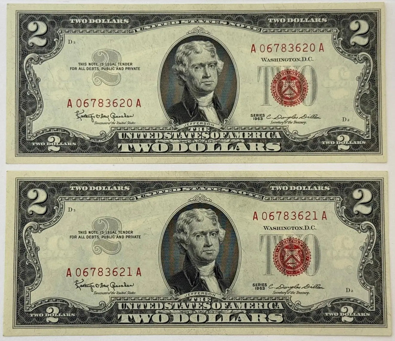 1963 $2 United States Note (Red Seal) – Consecutive Serial Numbers | Historic Legal Tender Currency Heritage Pastime